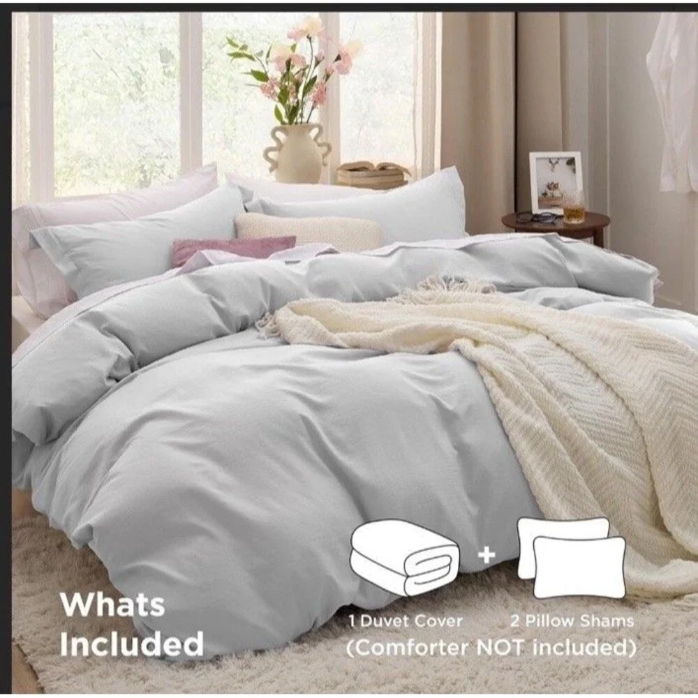 Bedsure Light Grey Duvet Cover King Size - 3 Pieces Prewashed Cotton-